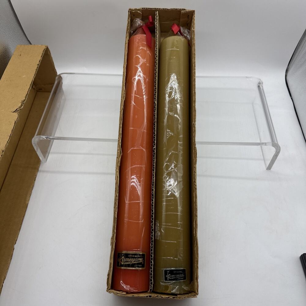 Set Of 2 Vintage 20” Kameyama Japan Large Pillar Candles Orange&Yellow W/Box